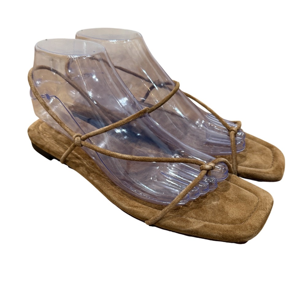 Loeffler Randall Eleanor Strappy Suede Sandals Tan Minimalist Square Toe 9 B